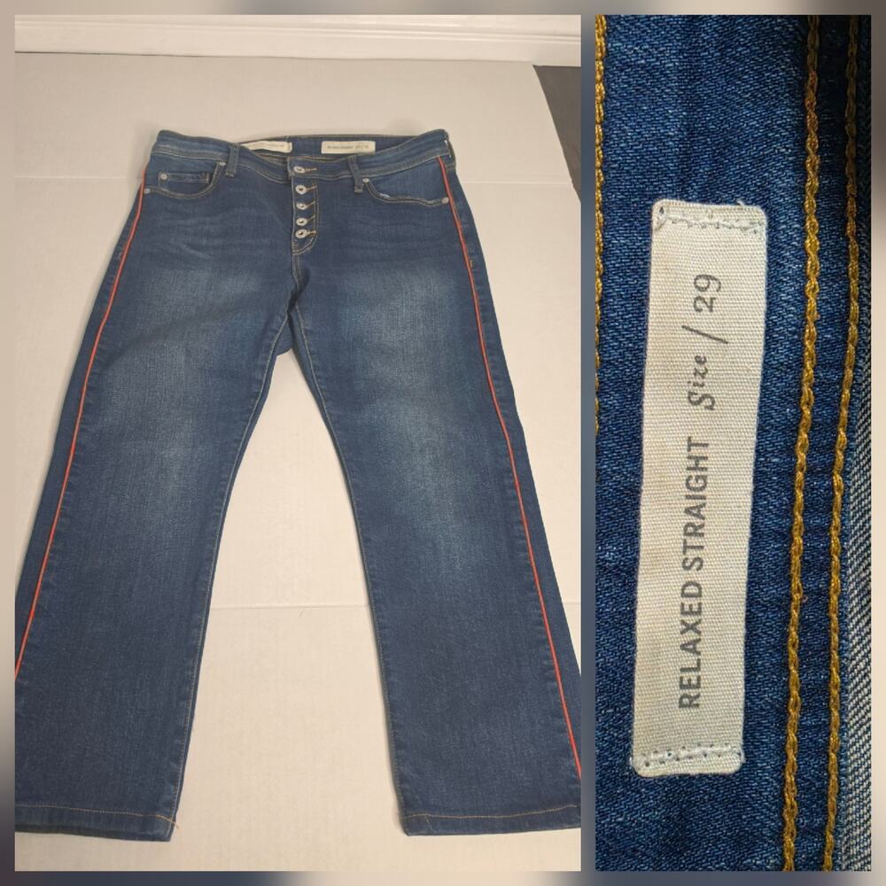 Anthropologie Pilcro Jeans Sz 29 Relaxed Straight Red Piping Exposed Button Fly